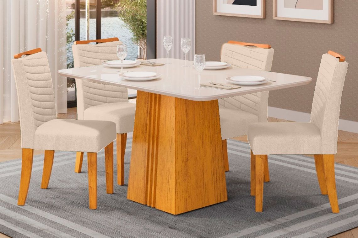 Sala Jantar Mesa Italia c/ Tampo Madeirado c/ Vidro 120x90cm e 4 Cadeiras Julia - DJ Móveis