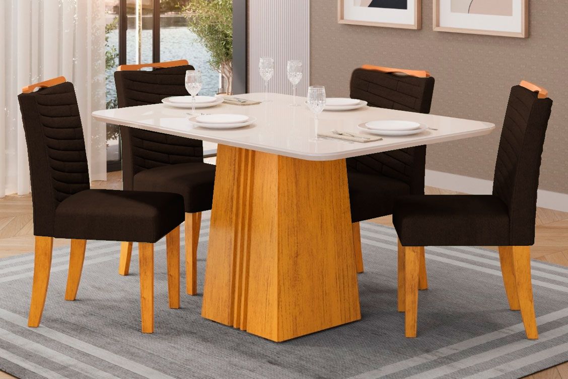 Sala Jantar Mesa Italia c/ Tampo Madeirado c/ Vidro 120x90cm e 4 Cadeiras Julia - DJ Móveis
