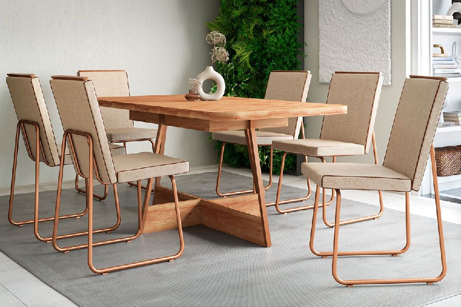 Sala de Jantar Completa Átria 1592 Aço c/ Tampo Madeirado 160x90cm e 6 Cadeiras Lira - Carraro