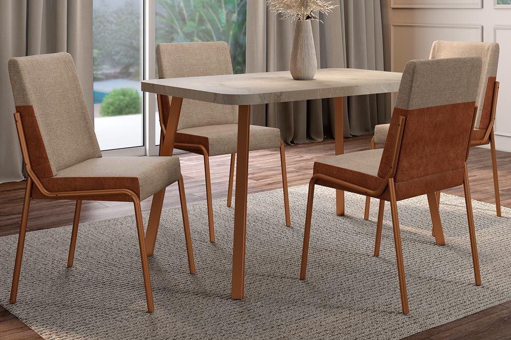 Sala Jantar Mesa Stellar 1598 Aço c/ Tampo Madeirado 120x80cm e 4 Cadeiras Hug - Carraro