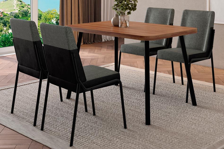Sala Jantar Mesa Stellar 1598 Aço c/ Tampo Madeirado 120x80cm e 4 Cadeiras Hug - Carraro