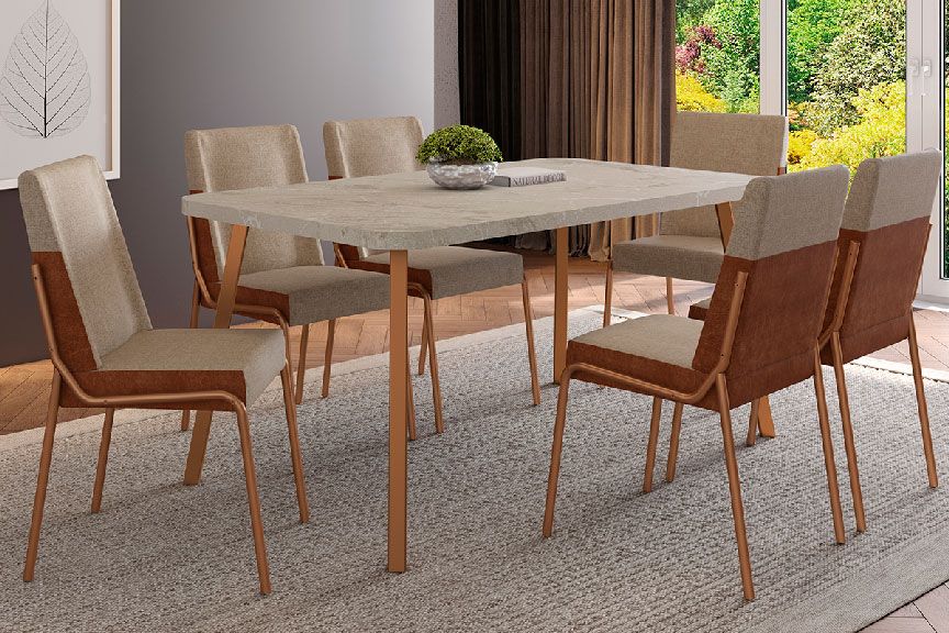 Sala Jantar Mesa Stellar 1597 Aço c/ Tampo Madeirado 160x90cm e 6 Cadeiras Hug - Carraro
