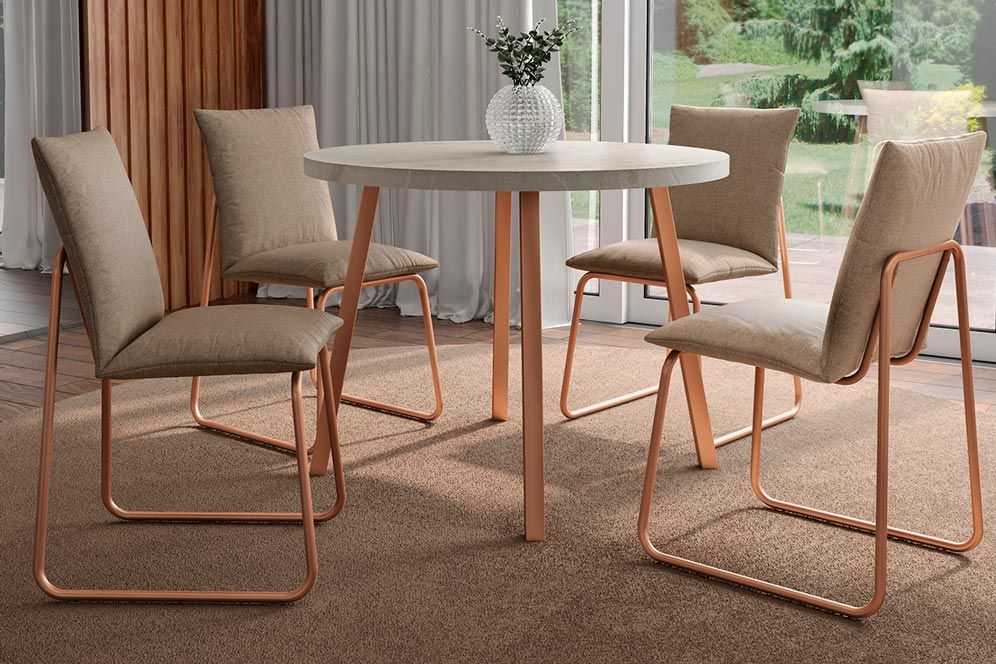 Sala Jantar Mesa Stellar 1599 Aço c/ Tampo Madeirado 100cm e 4 Cadeiras Soft - Carraro