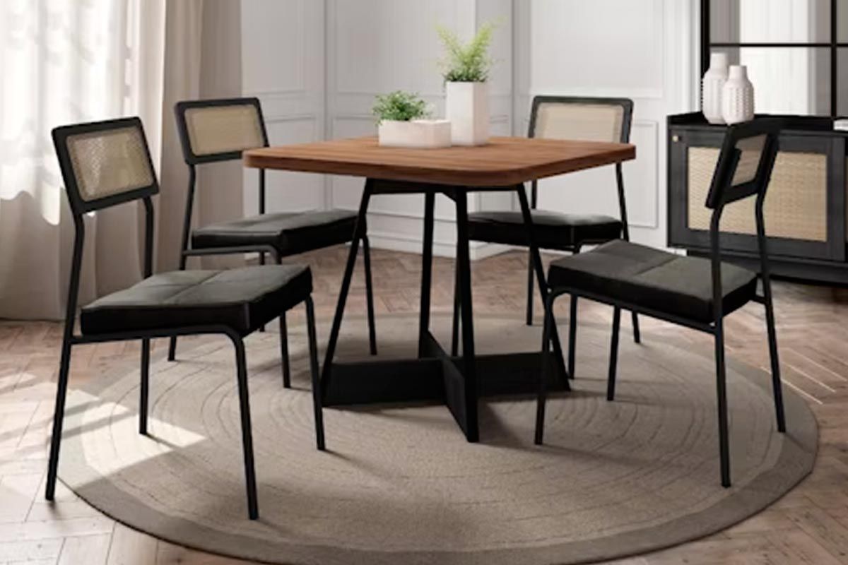 Sala de Jantar Completa Átria 1593 Aço c/ Tampo Madeirado 90x90cm e 4 Cadeiras Lux - Carraro