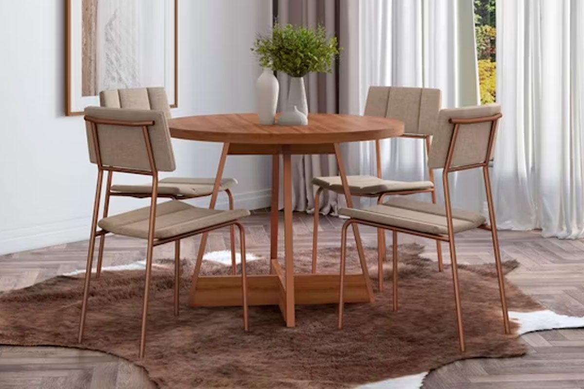 Sala de Jantar Completa Átria 1594 Aço c/ Tampo Madeirado 100cm e 4 Cadeiras Lou - Carraro