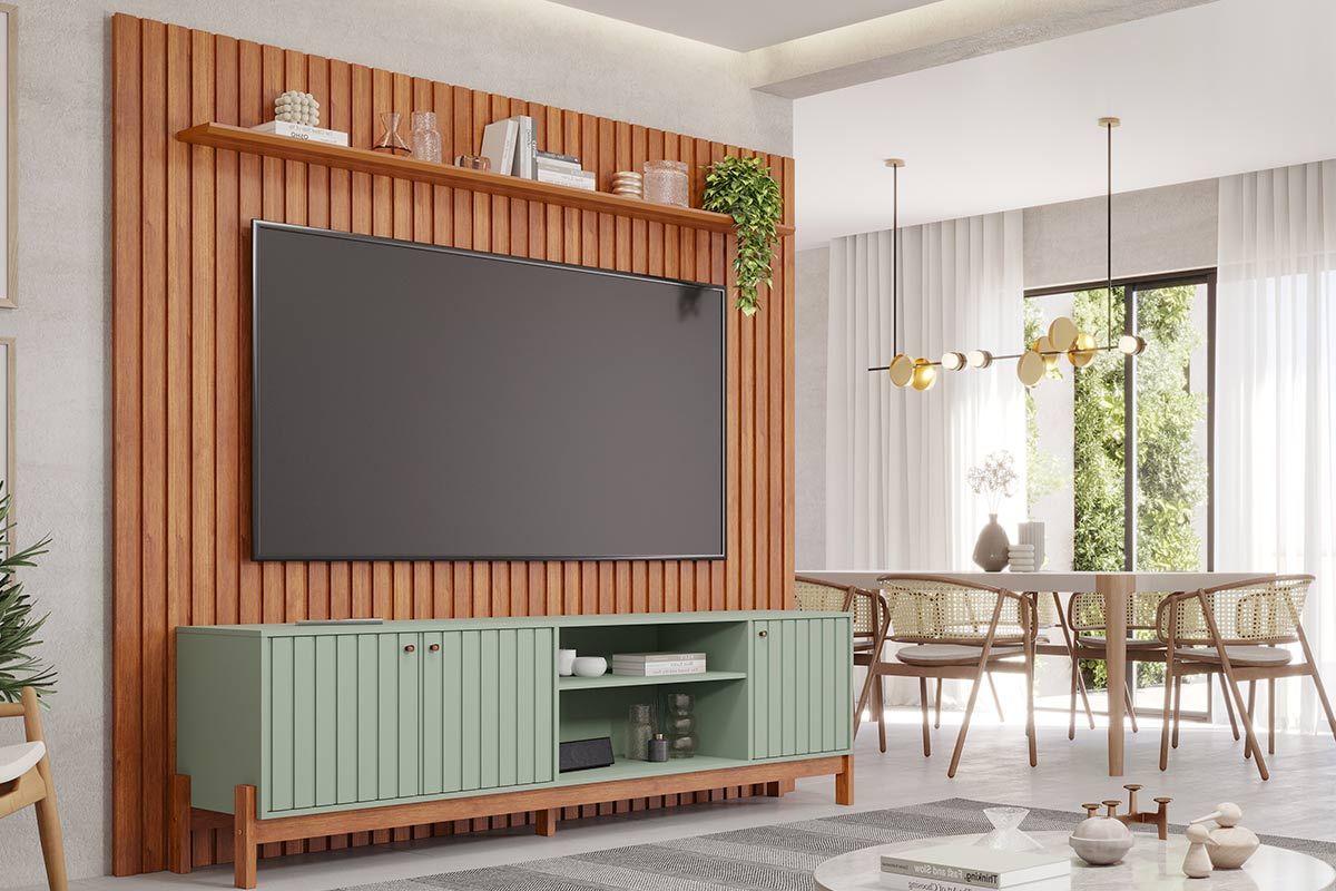 Rack Bancada c/ Painel p/ TV até 75 Pol Maragogi/Holanda Ripado 4 Portas 230x220cm - Permóbili