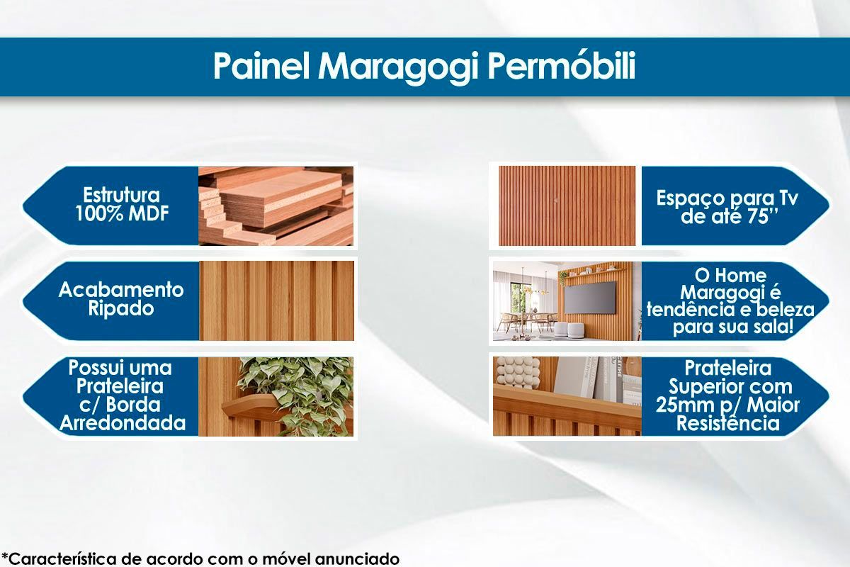 Rack Bancada c/ Painel p/ TV até 75 Pol Maragogi/Holanda Ripado 4 Portas 230x220cm - Permóbili