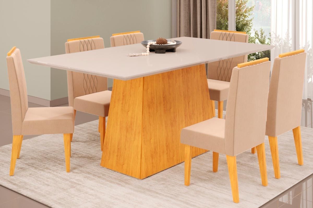 Sala Jantar Mesa Dulce c/ Tampo Madeirado c/ Vidro Reto 180x90cm e 6 Cadeiras Lia - DJ Móveis
