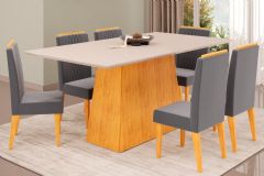 Sala Jantar Mesa Dulce c/ Tampo Madeirado c/ Vidro Reto 180x90cm e 6 Cadeiras Lia - DJ Móveis
