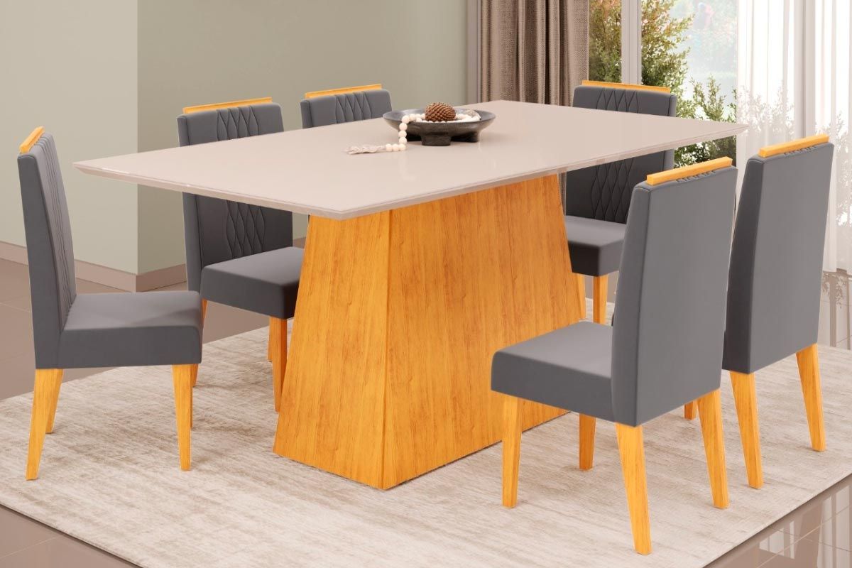 Sala Jantar Mesa Dulce c/ Tampo Madeirado c/ Vidro Reto 180x90cm e 6 Cadeiras Lia - DJ Móveis