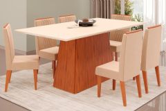 Sala Jantar Mesa Dulce c/ Tampo Madeirado c/ Vidro Reto 180x90cm e 6 Cadeiras Lia - DJ Móveis