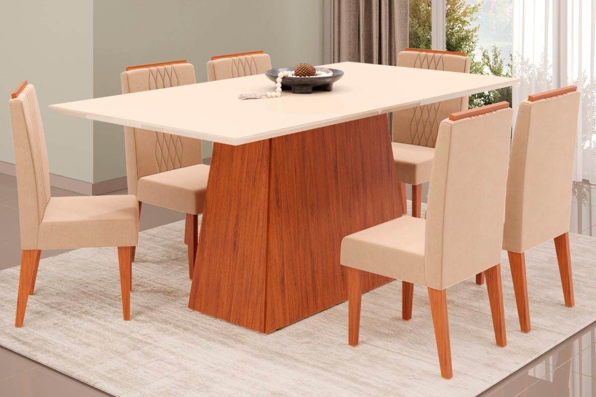 Sala Jantar Mesa Dulce c/ Tampo Madeirado c/ Vidro Reto 180x90cm e 6 Cadeiras Lia - DJ Móveis