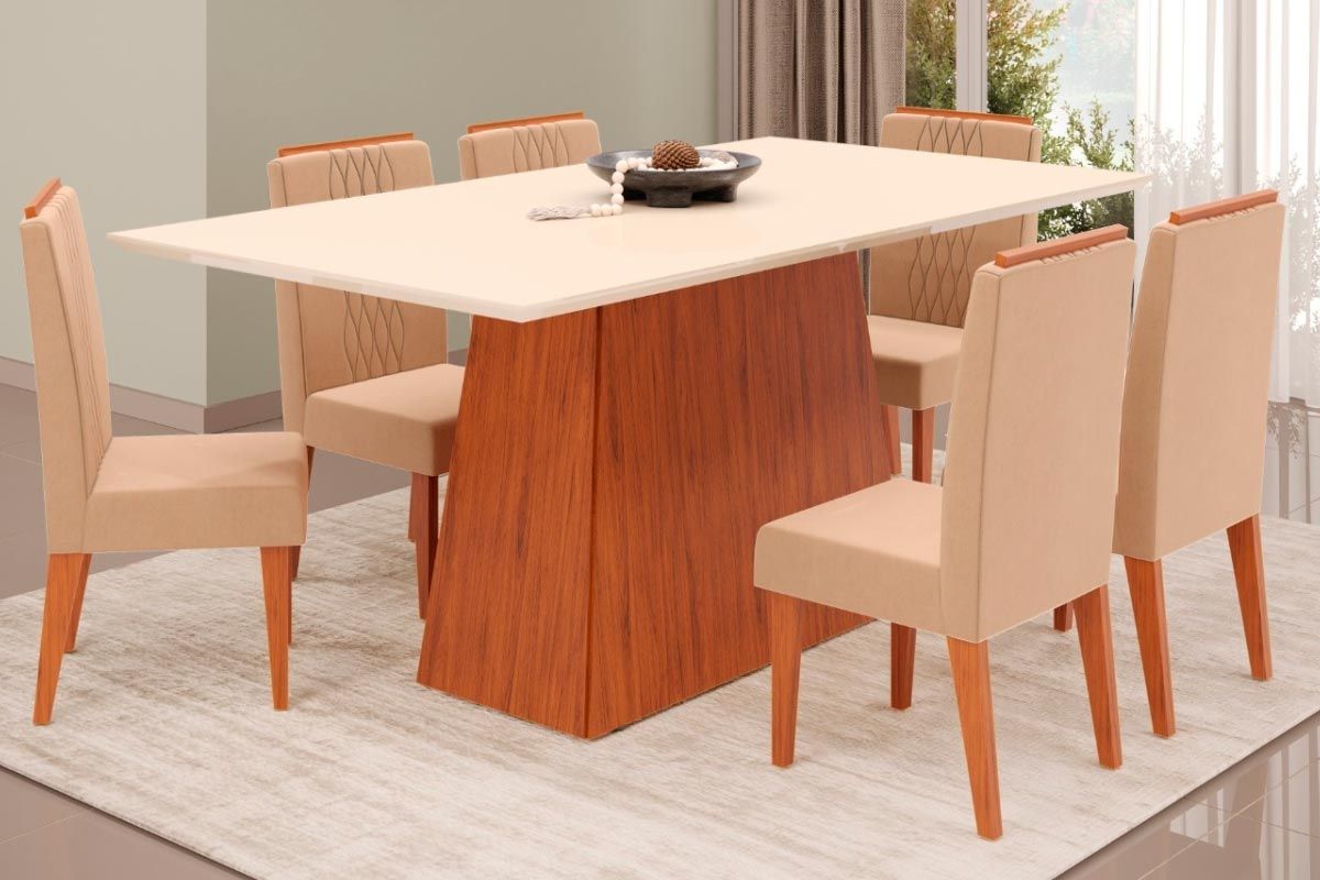 Sala Jantar Mesa Dulce c/ Tampo Madeirado c/ Vidro Reto 180x90cm e 6 Cadeiras Lia - DJ Móveis