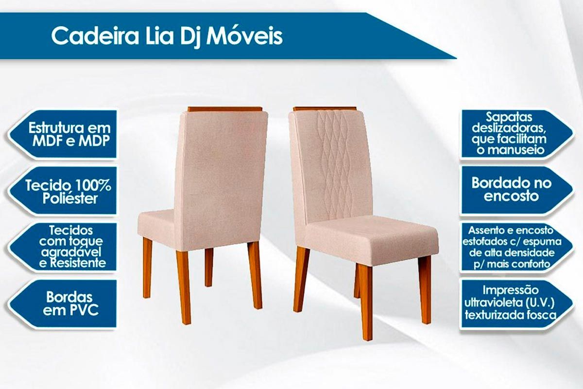 Sala Jantar Mesa Dulce c/ Tampo Madeirado c/ Vidro Reto 180x90cm e 6 Cadeiras Lia - DJ Móveis