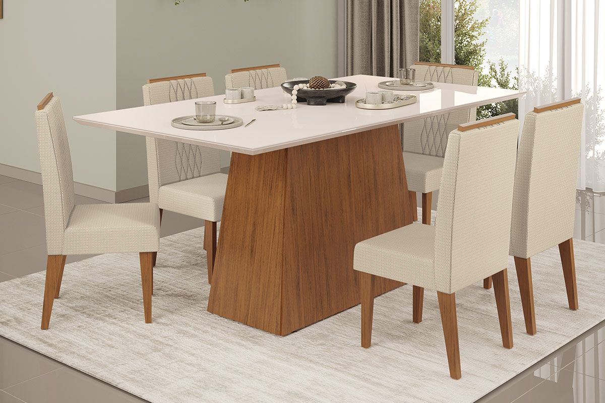 Sala Jantar Mesa Dulce c/ Tampo Madeirado c/ Vidro Reto 180x90cm e 6 Cadeiras Lia - DJ Móveis