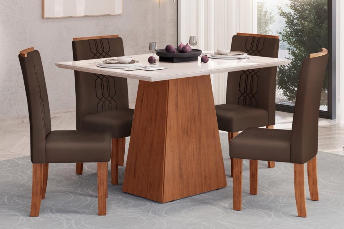 Sala de Jantar Completa Dulce c/ Tampo Madeirado c/ Vidro Reto 180x90cm e 4 Cadeiras Zoe - DJ Móveis