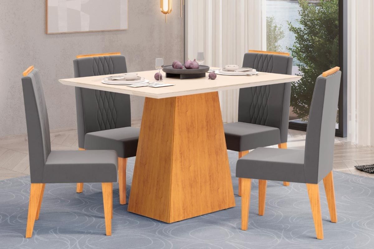 Sala Jantar Mesa Dulce c/ Tampo Madeirado c/ Vidro Reto 120x90cm e 4 Cadeiras Lia - DJ Móveis