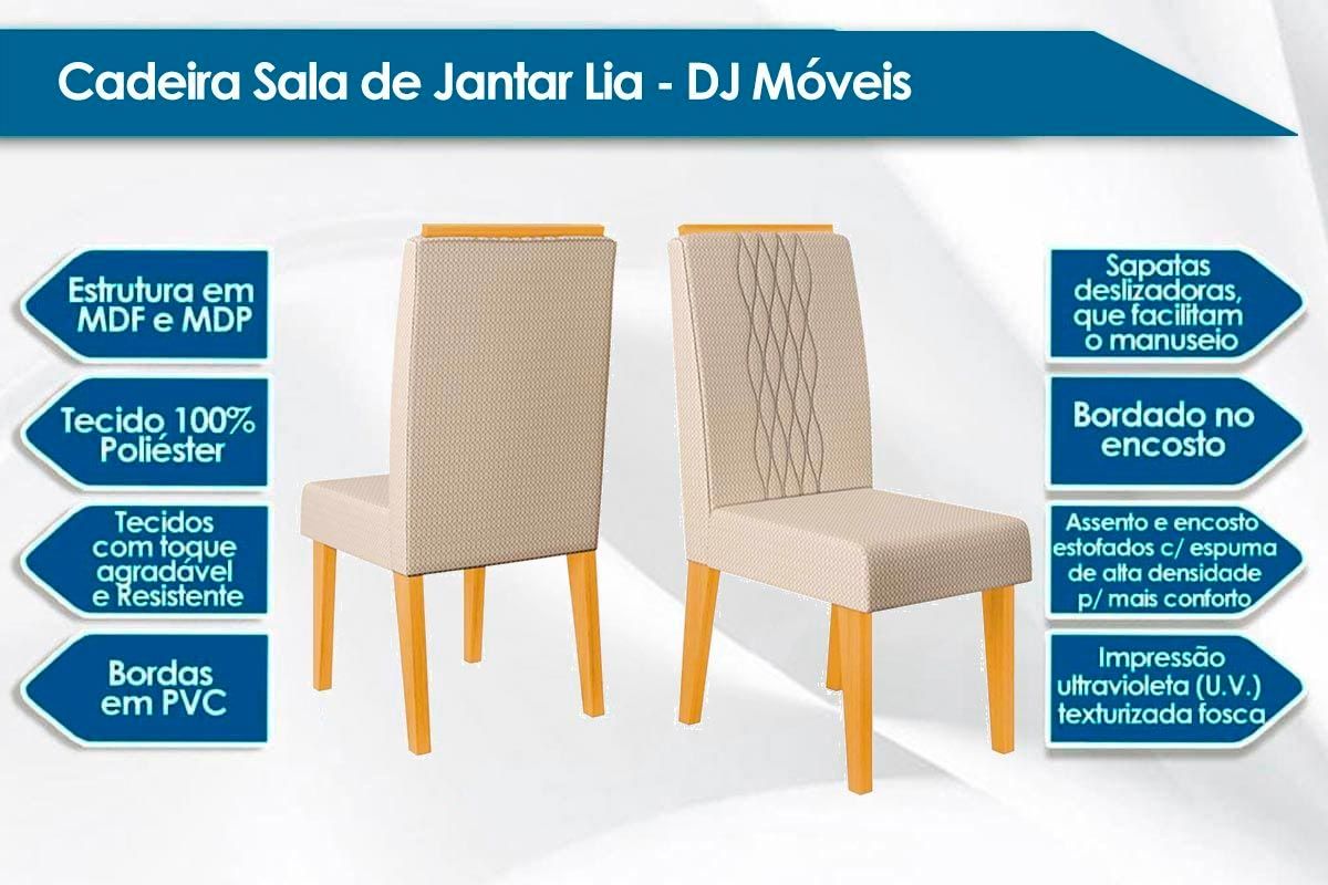 Sala Jantar Mesa Dulce c/ Tampo Madeirado c/ Vidro Reto 120x90cm e 4 Cadeiras Lia - DJ Móveis