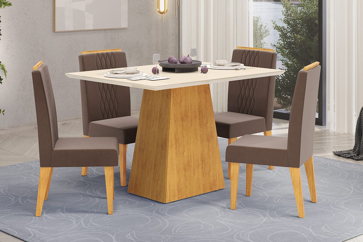 Sala Jantar Mesa Dulce c/ Tampo Madeirado c/ Vidro Reto 120x90cm e 4 Cadeiras Lia - DJ Móveis