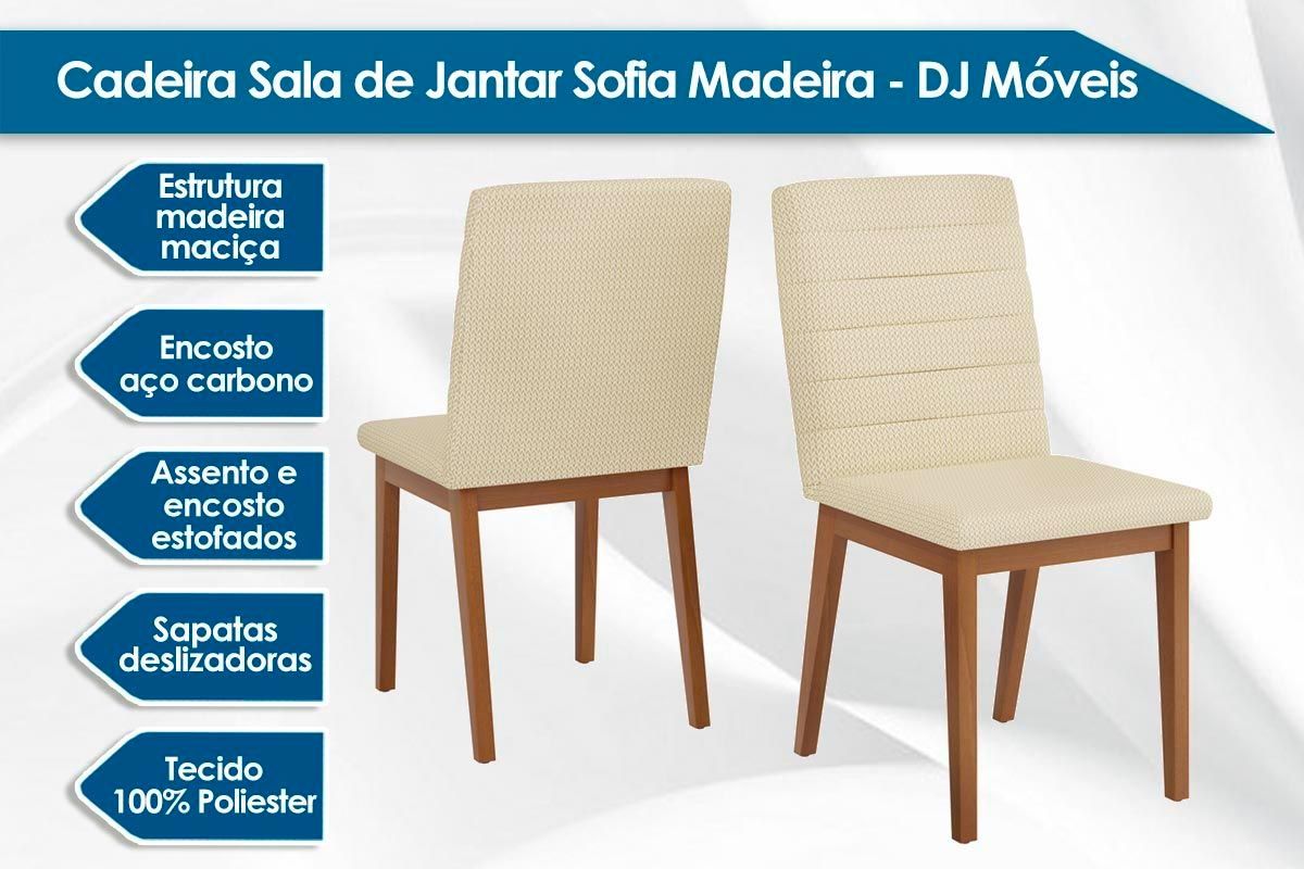 Sala Jantar Mesa Dulce c/ Tampo Madeirado c/ Vidro Reto 120x90cm e 4 Cadeiras Sofia - DJ Móveis