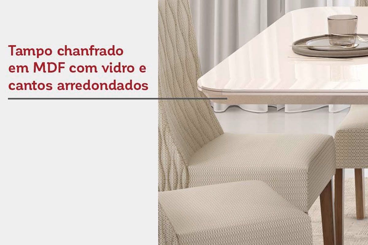 Sala de Jantar Completa Zafira c/ Tampo Madeirado c/ Vidro Curvo 200x100cm e 8 Cadeiras Ondina - DJ Móveis