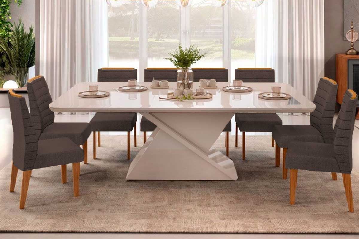 Sala de Jantar Completa Zafira c/ Tampo Madeirado c/ Vidro Curvo 200x100cm e 8 Cadeiras Ondina - DJ Móveis