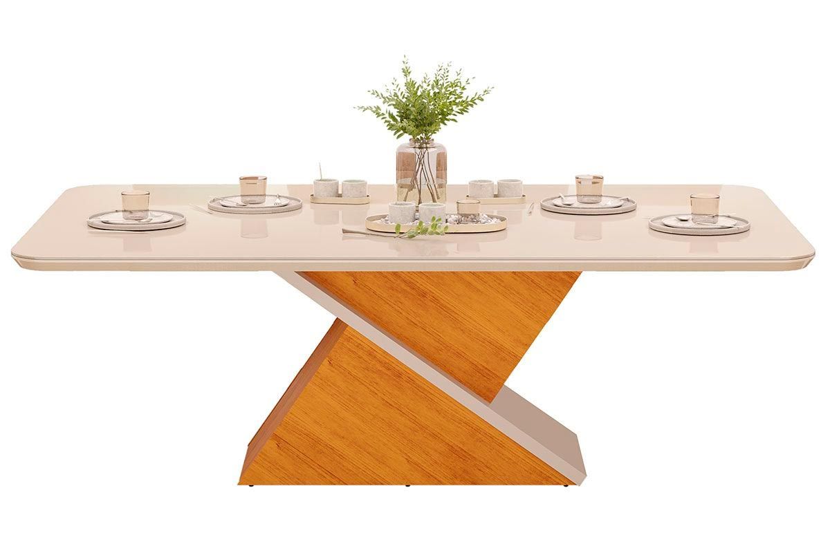 Sala Jantar Mesa Zafira c/ Tampo Madeirado c/ Vidro Curvo 200x100cm e 8 Cadeiras Bia - DJ Móveis