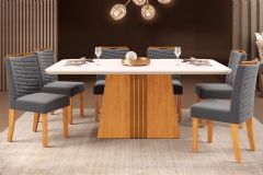 Sala Jantar Mesa Italia c/ Tampo Madeirado c/ Vidro Curvo 170x90cm e 6 Cadeiras Julia - DJ Móveis