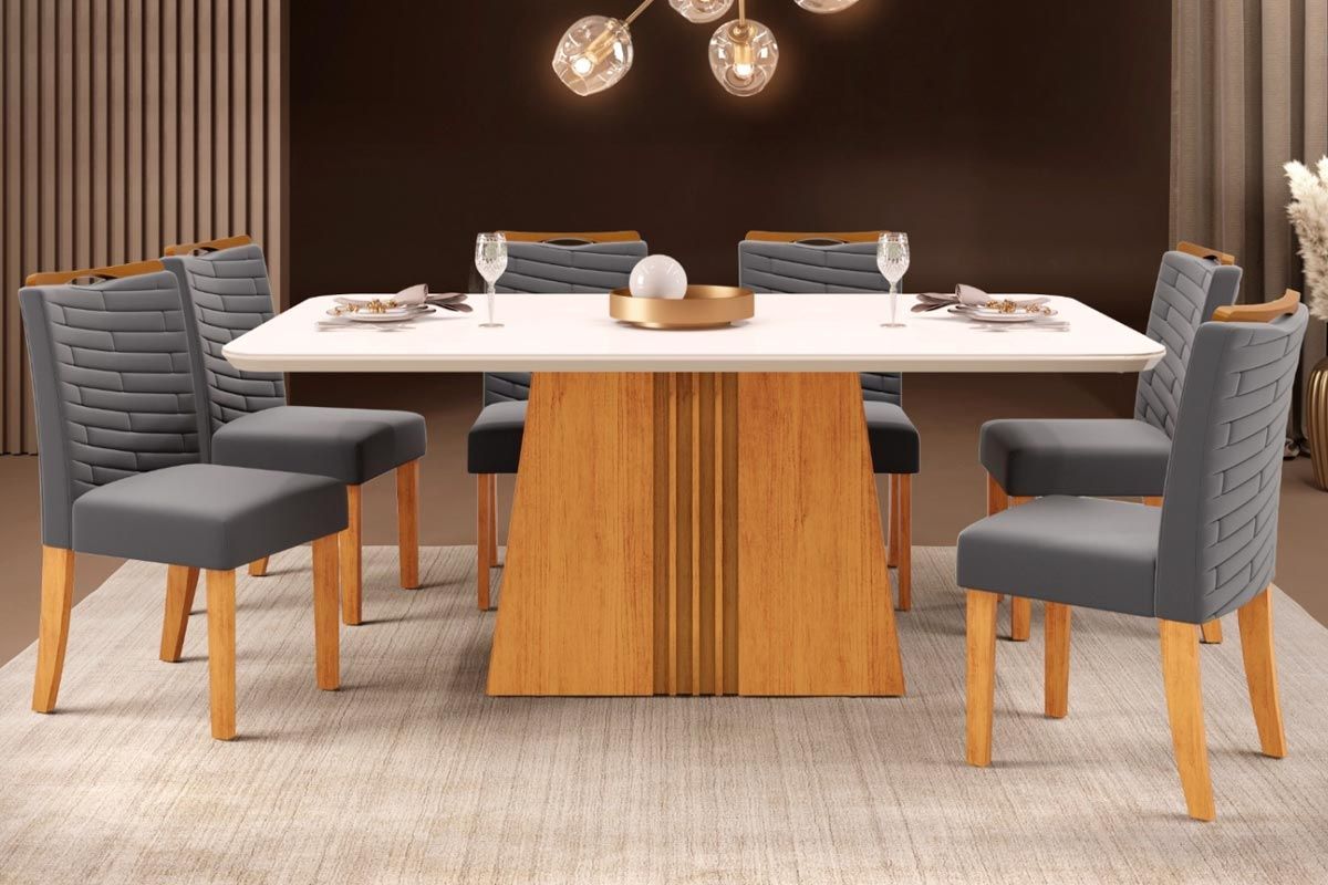 Sala Jantar Mesa Italia c/ Tampo Madeirado c/ Vidro Curvo 170x90cm e 6 Cadeiras Julia - DJ Móveis