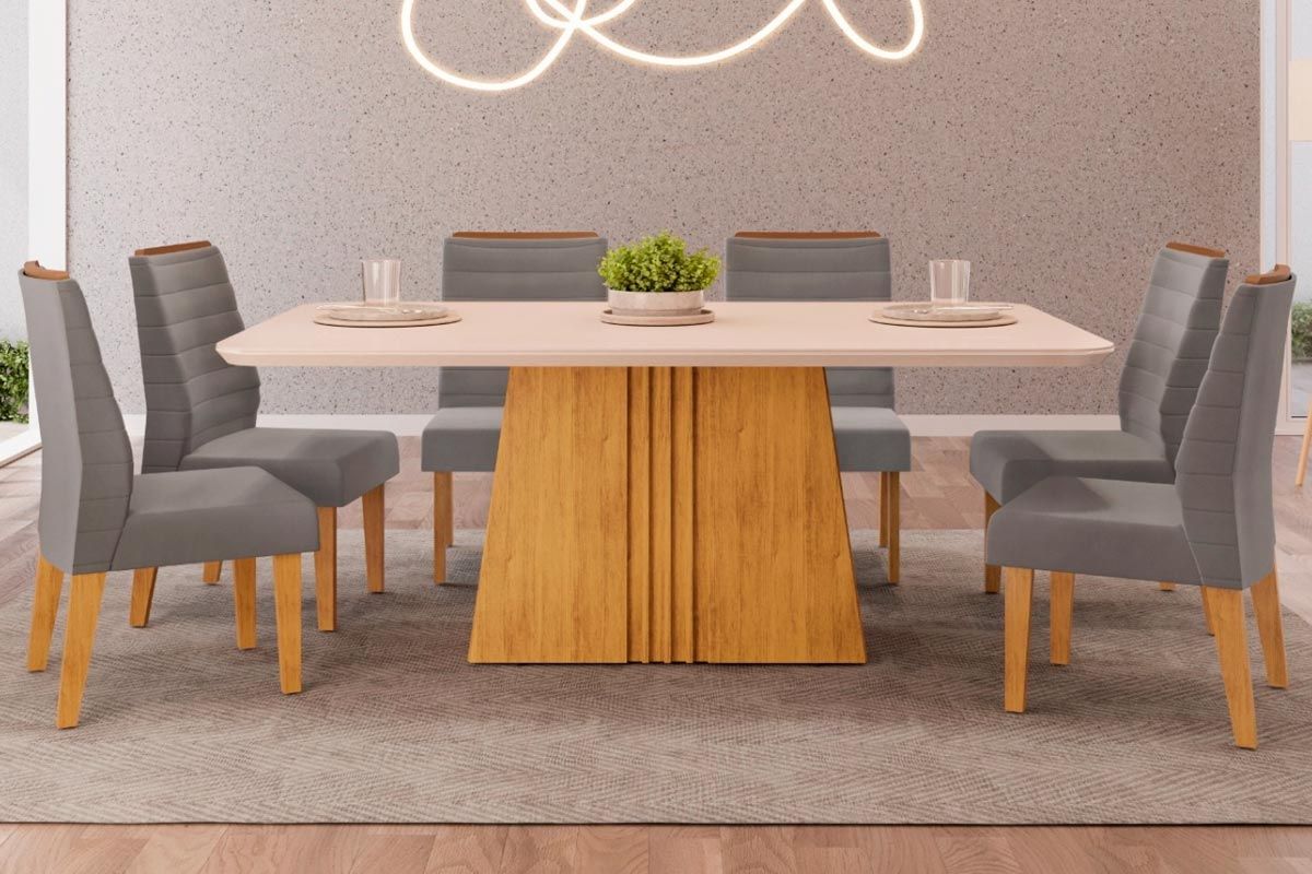 Sala de Jantar Completa Itália c/ Tampo Madeirado c/ Vidro Curvo 170x90cm e 6 Cadeiras Ondina - DJ Móveis