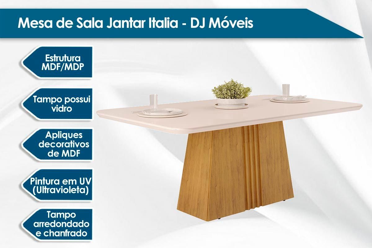 Sala de Jantar Completa Itália c/ Tampo Madeirado c/ Vidro Curvo 170x90cm e 6 Cadeiras Ondina - DJ Móveis