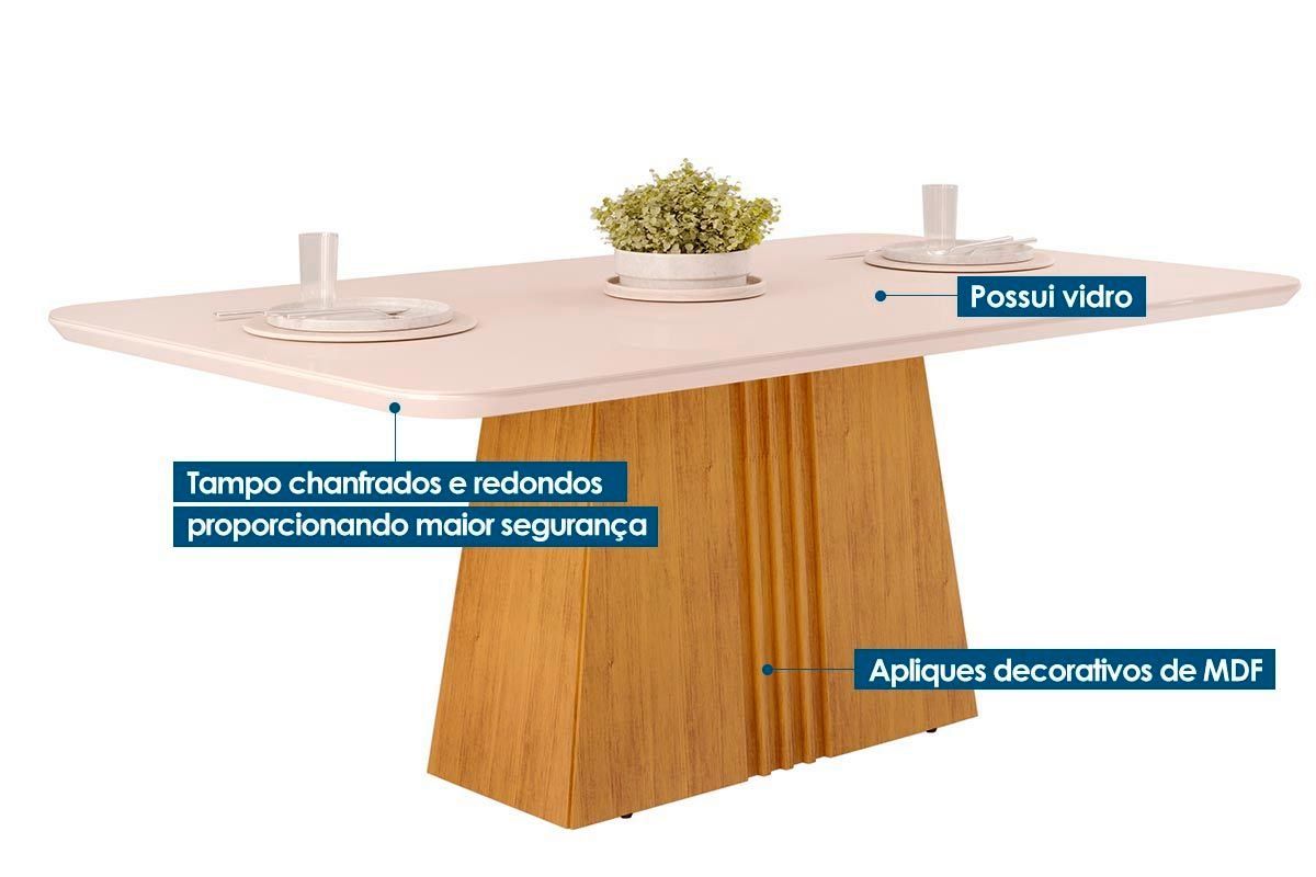 Sala de Jantar Completa Itália c/ Tampo Madeirado c/ Vidro Curvo 170x90cm e 6 Cadeiras Ondina - DJ Móveis