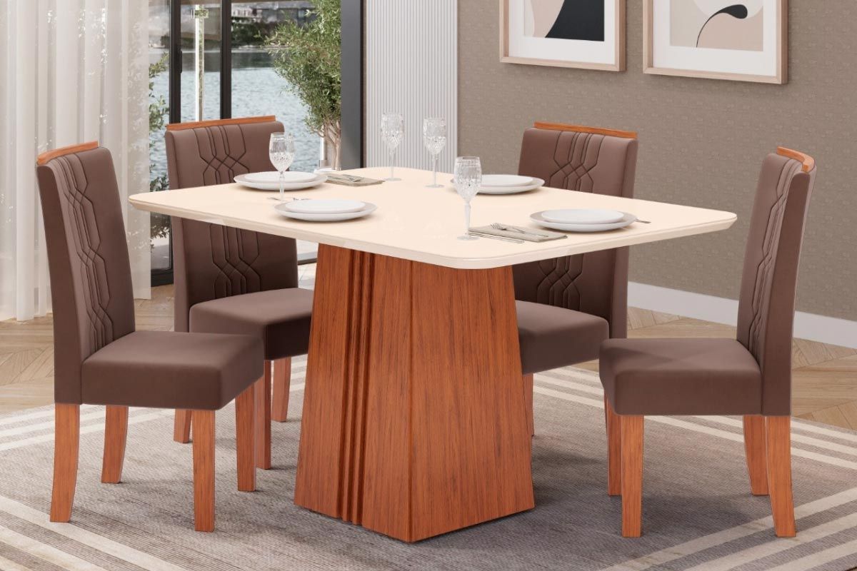 Sala de Jantar Completa Italia c/ Tampo Madeirado c/ Vidro Curvo 170x90cm e 4 Cadeiras Zoe - DJ Móveis