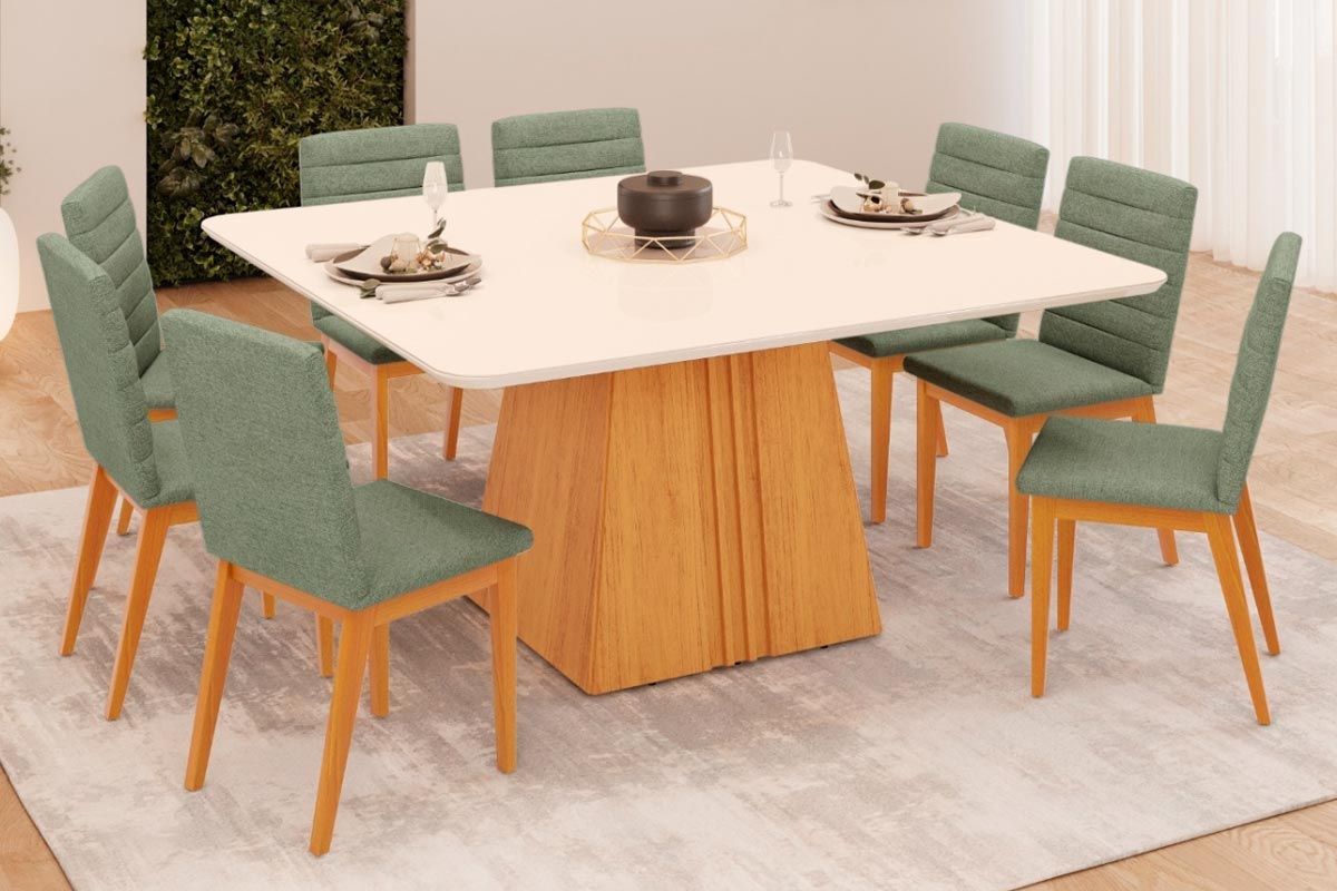 Sala de Jantar Completa Itália c/ Tampo Madeirado c/ Vidro Curvo 136x136cm e 8 Cadeiras Sofia - DJ Móveis