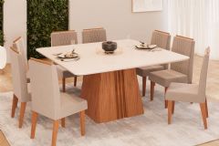 Sala de Jantar Completa Itália c/ Tampo Madeirado c/ Vidro Curvo 136x136cm e 8 Cadeiras Lia - DJ Móveis