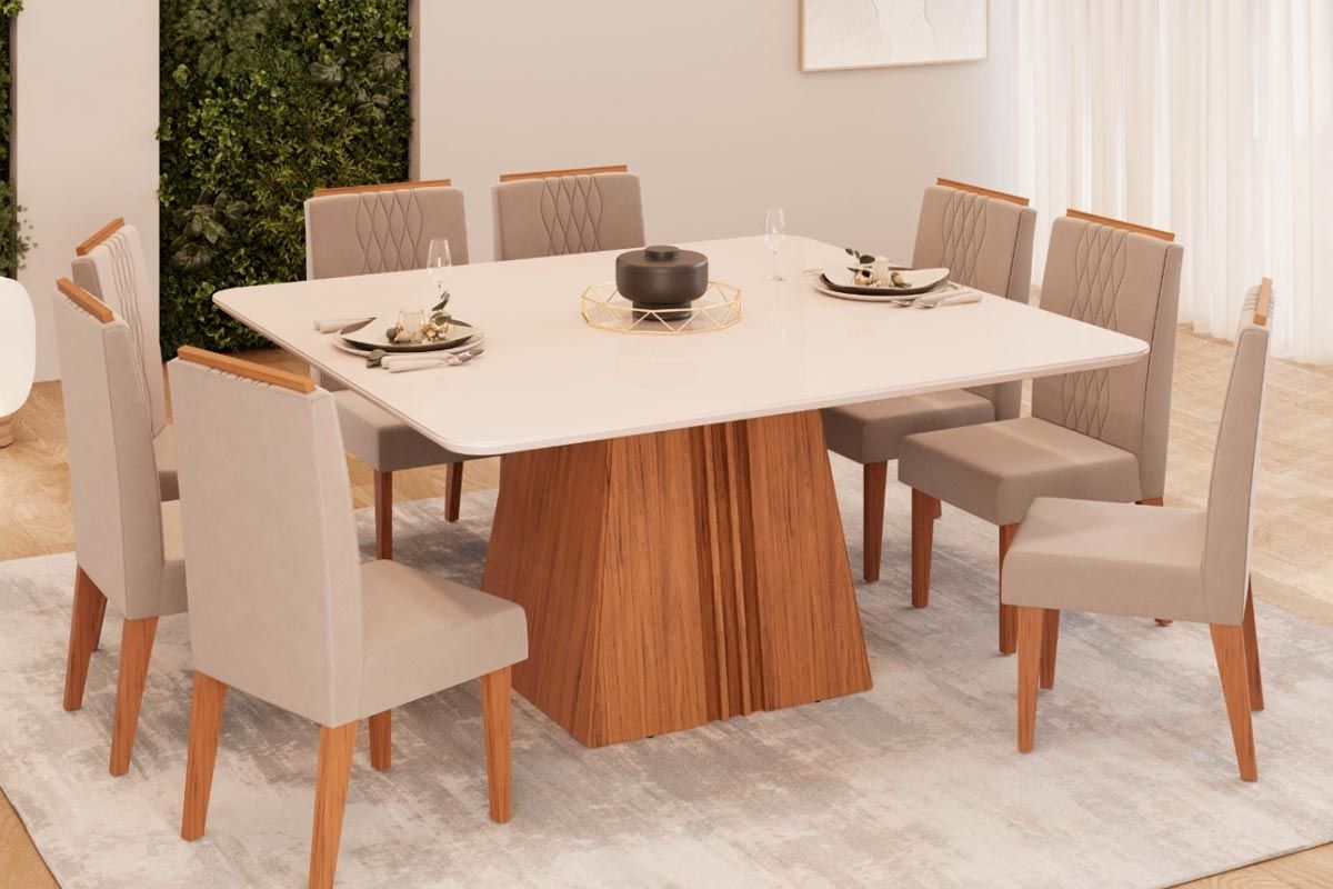 Sala de Jantar Completa Itália c/ Tampo Madeirado c/ Vidro Curvo 136x136cm e 8 Cadeiras Lia - DJ Móveis