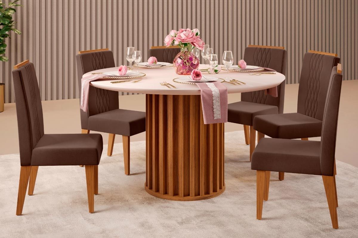 Sala Jantar Mesa Viena c/ Tampo Madeirado c/ Vidro 136x136cm e 6 Cadeiras Bia - DJ Móveis