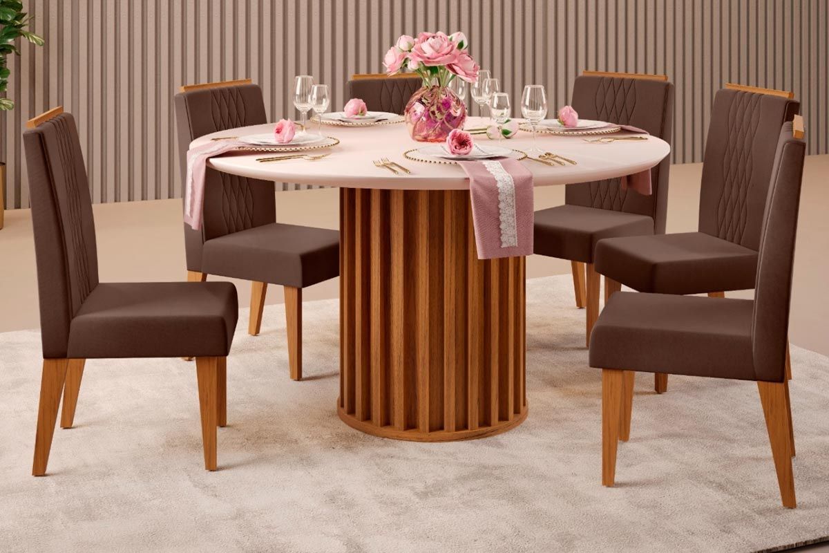Sala de Jantar Completa Viena c/ Tampo Madeirado c/ Vidro 136x136cm e 6 Cadeiras Lia - DJ Móveis