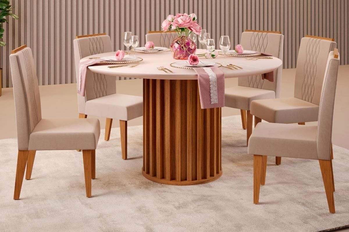 Sala de Jantar Completa Viena c/ Tampo Madeirado c/ Vidro 136x136cm e 6 Cadeiras Lia - DJ Móveis