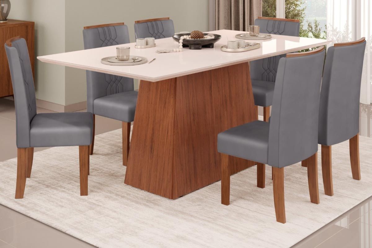 Sala Jantar Mesa Dulce c/ Tampo Madeirado c/ Vidro Reto 180x90cm e 6 Cadeiras Zoe - DJ Móveis