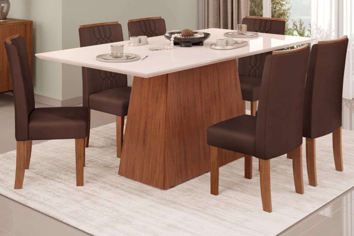 Sala Jantar Mesa Dulce c/ Tampo Madeirado c/ Vidro Reto 180x90cm e 6 Cadeiras Zoe - DJ Móveis