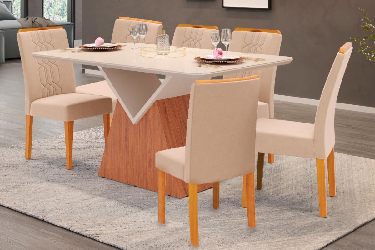 Sala de Jantar Completa Argo c/ Tampo Madeirado c/ Vidro Curvo 136x90cm e 6 Cadeiras Zoe - DJ Móveis