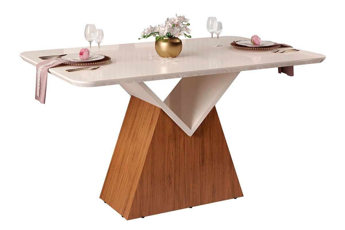 Sala de Jantar Completa Argo c/ Tampo Madeirado c/ Vidro Curvo 136x90cm e 6 Cadeiras Zoe - DJ Móveis