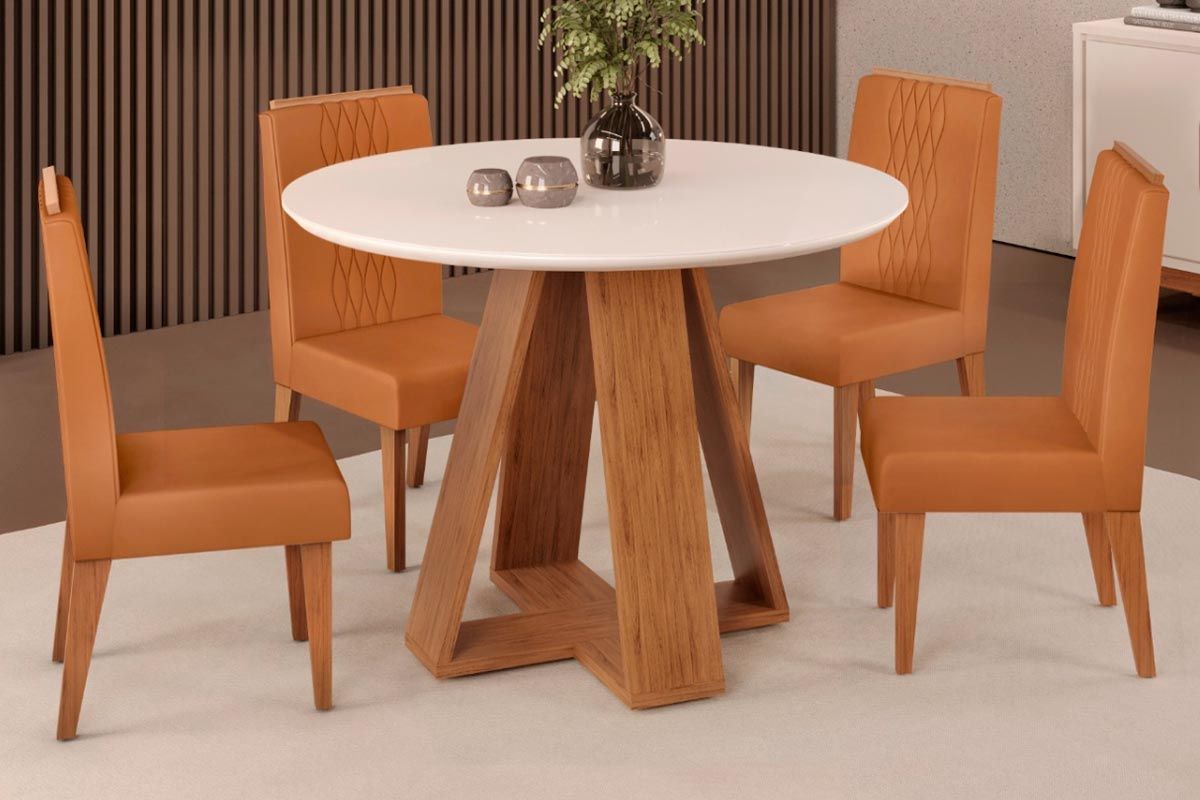 Sala Jantar Mesa Celeste c/ Tampo Madeirado c/ Vidro Redondo 103x103cm e 4 Cadeiras Lia - DJ Móveis