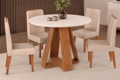 Sala Jantar Mesa Celeste c/ Tampo Madeirado c/ Vidro Redondo 103x103cm e 4 Cadeiras Lia - DJ Móveis