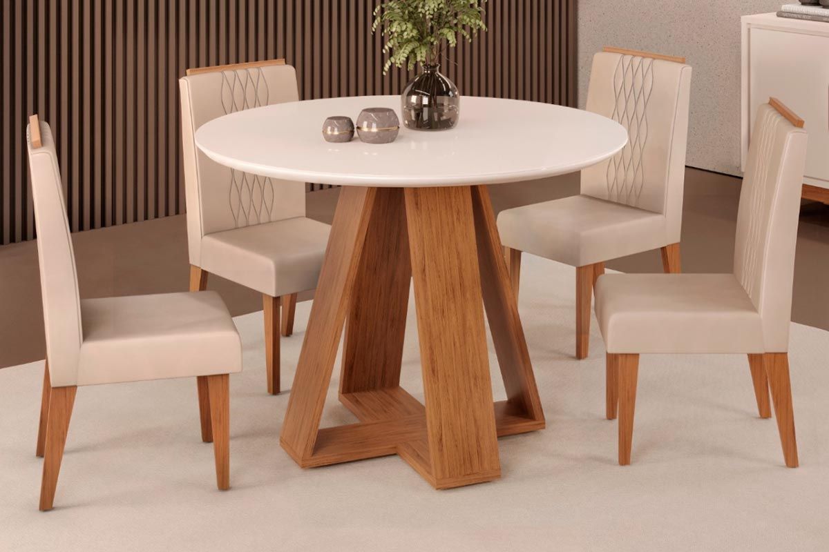 Sala Jantar Mesa Celeste c/ Tampo Madeirado c/ Vidro Redondo 103x103cm e 4 Cadeiras Lia - DJ Móveis