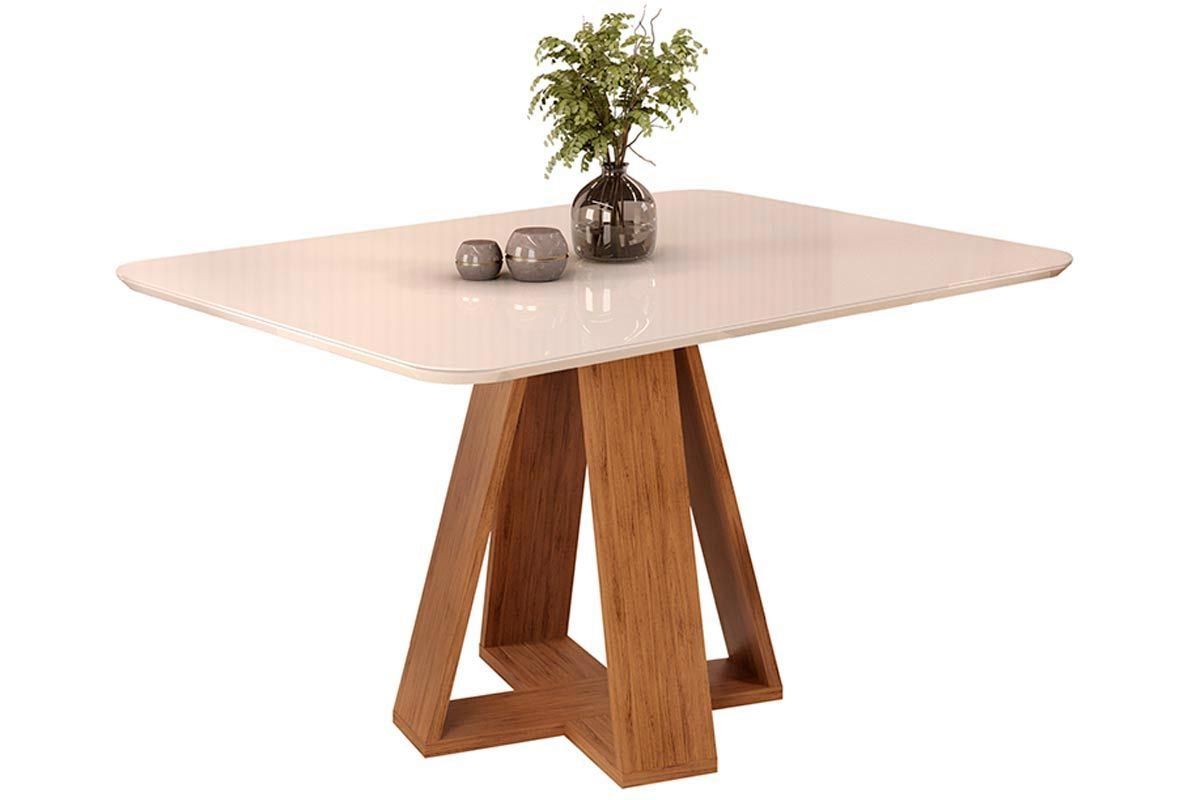 Sala Jantar Mesa Celeste c/ Tampo Madeirado c/ Vidro Redondo 103x103cm e 4 Cadeiras Lia - DJ Móveis
