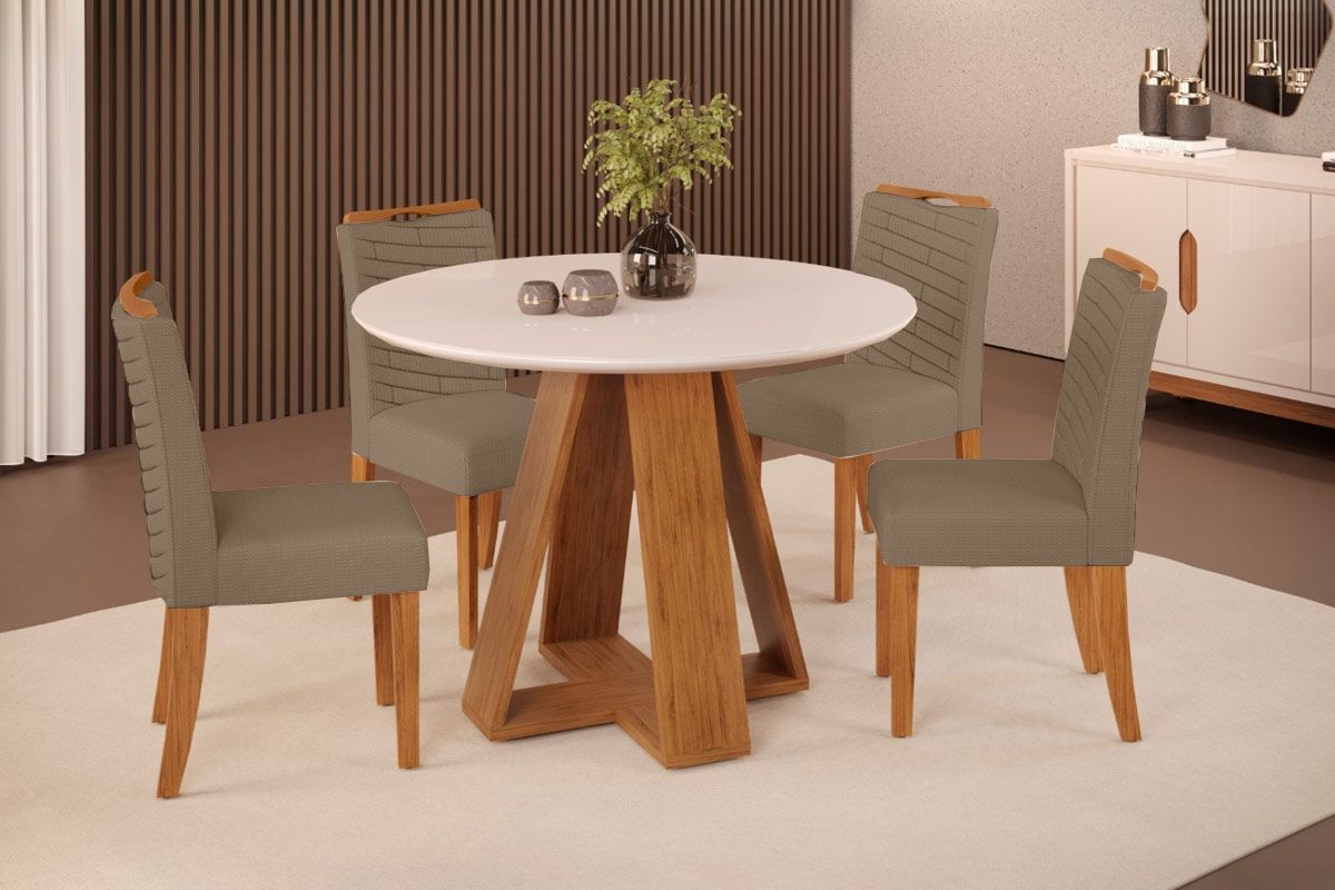 Sala Jantar Mesa Celeste c/ Tampo Madeirado c/ Vidro Redondo 103x103cm e 4 Cadeiras Lia - DJ Móveis