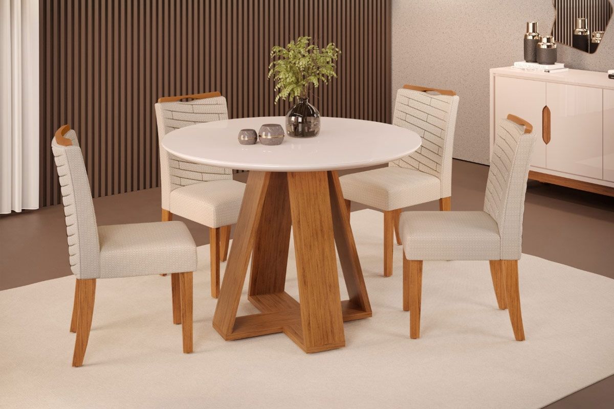 Sala Jantar Mesa Celeste c/ Tampo Madeirado c/ Vidro Redondo 103x103cm e 4 Cadeiras Lia - DJ Móveis