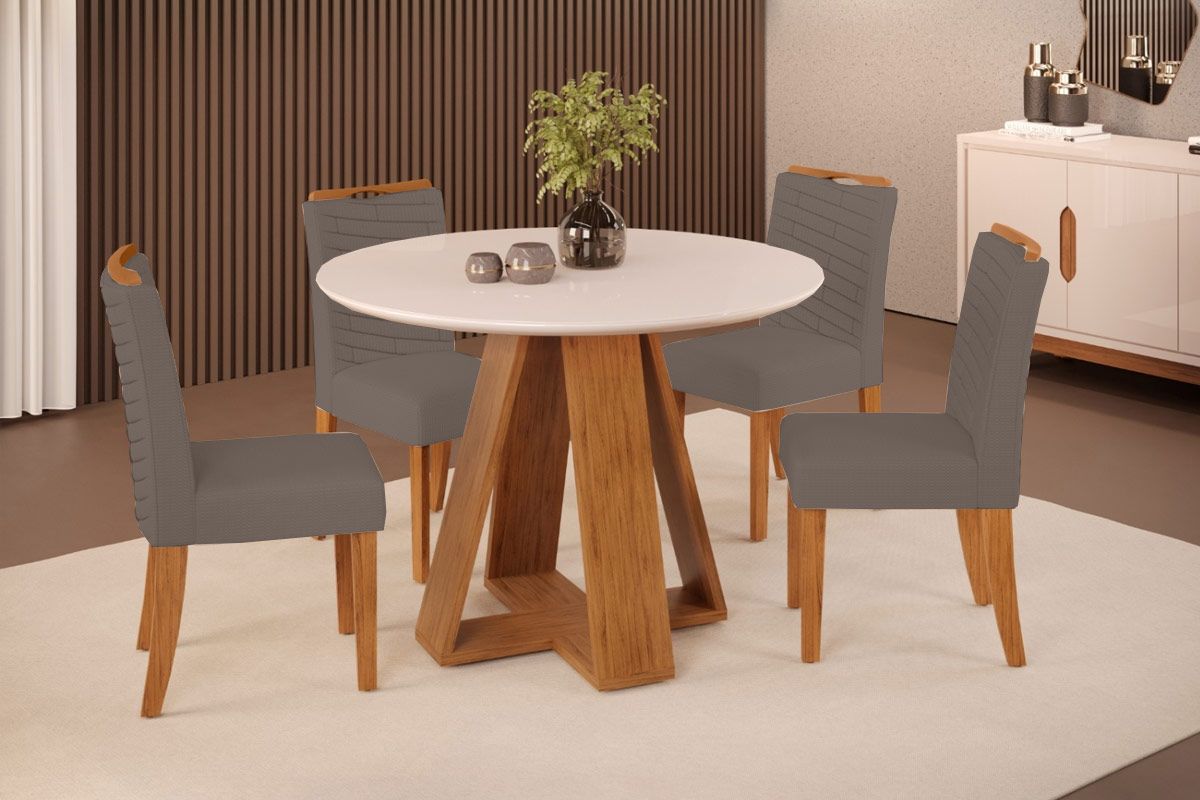 Sala Jantar Mesa Celeste c/ Tampo Madeirado c/ Vidro Redondo 103x103cm e 4 Cadeiras Lia - DJ Móveis